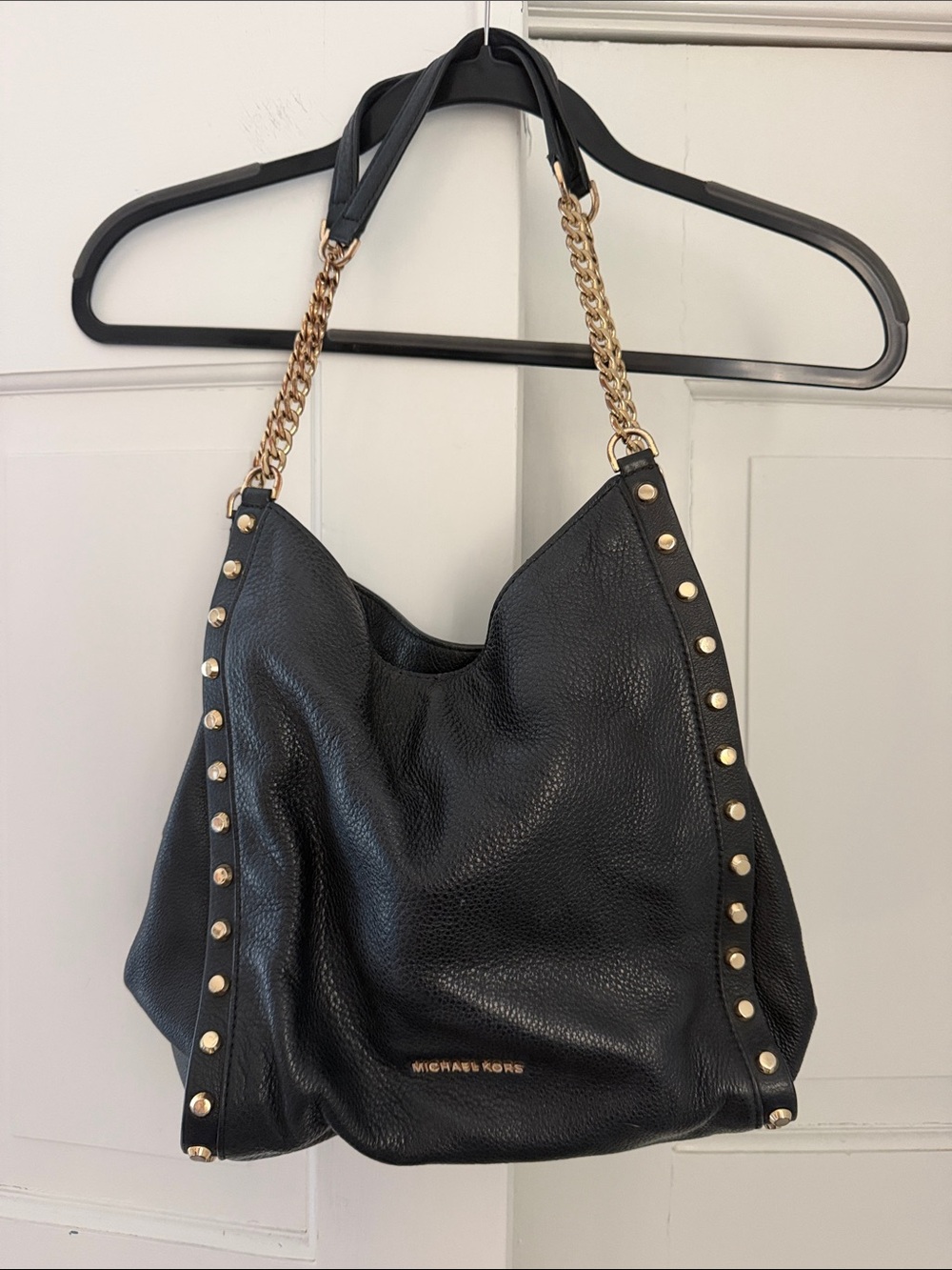 Michael Kors Black Pebbled Leather Tote with Gold Studs & Chain Straps
